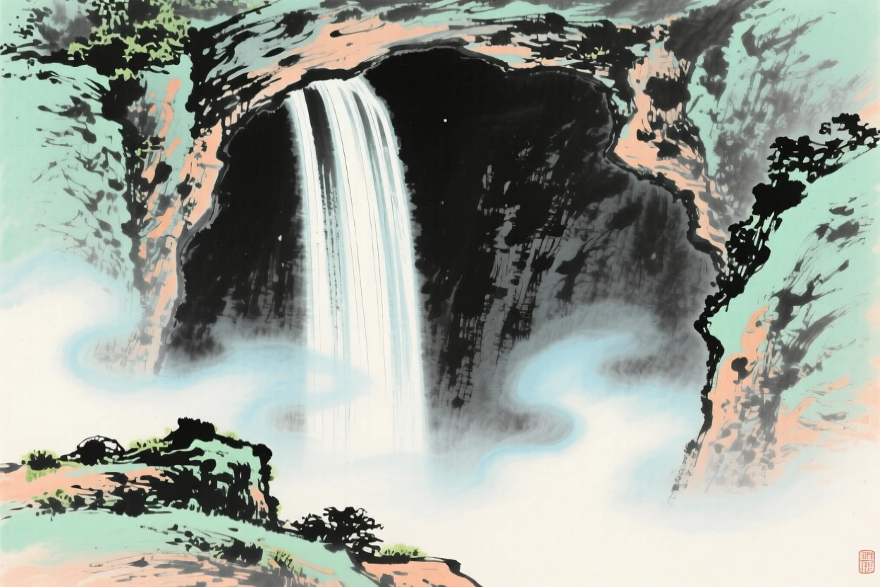 A hidden grotto behind a curtain of falling water, through swirling morning fog, evoking a sense of quiet solitude.