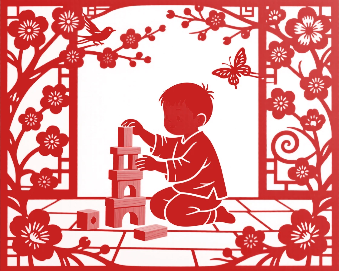 A small boy with a wooden toy, building a small tower of blocks in a courtyard, the scent of blossoms filling the spring air.