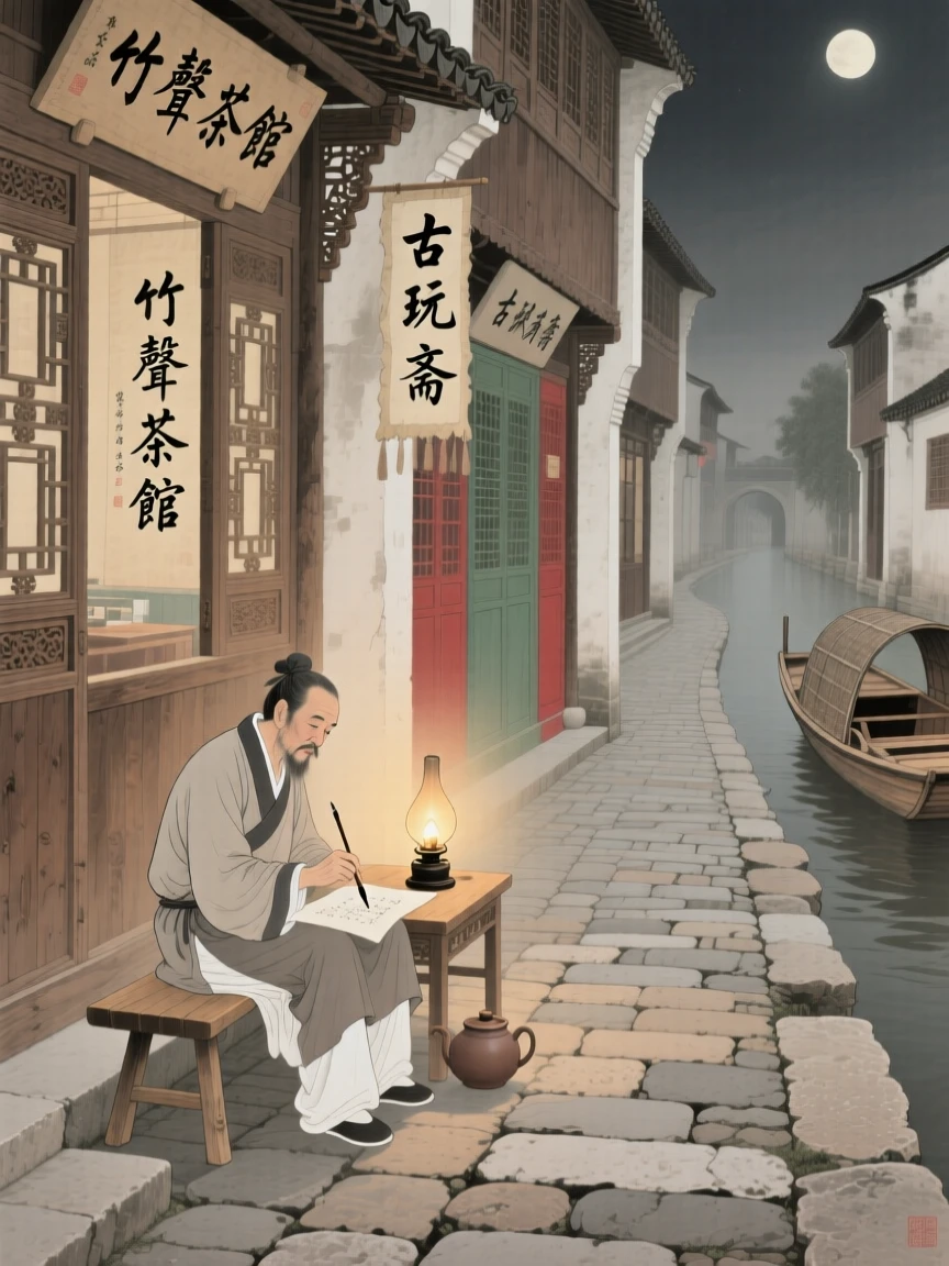 A ferryman writing a letter home by lamplight along a cobblestone street lined with shops