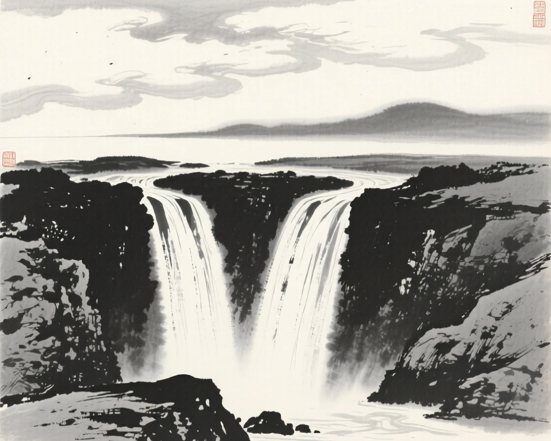 Twin waterfalls plunging side by side into a rocky basin beneath a canopy of drifting cloud banks, seen from across the water, the far shore reduced to soft silhouette, evoking a deep sense of solitude and quiet grandeur.