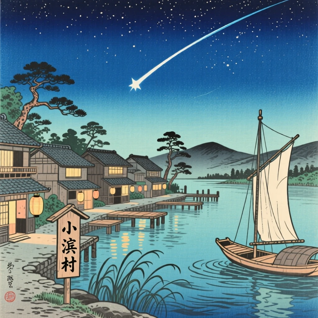 A shooting star streaking above a sleeping village, on the edge of a calm harbor.