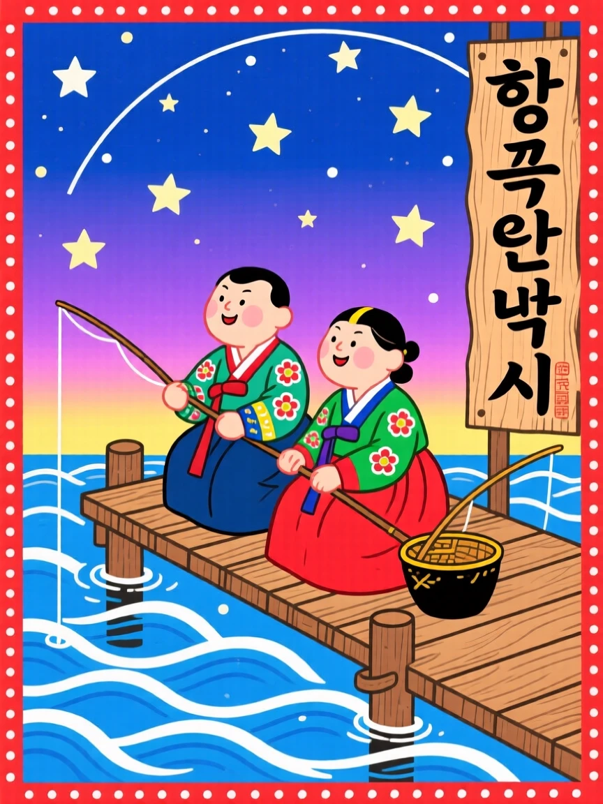 Two friends fishing together from a small wooden dock as the first stars appear overhead.