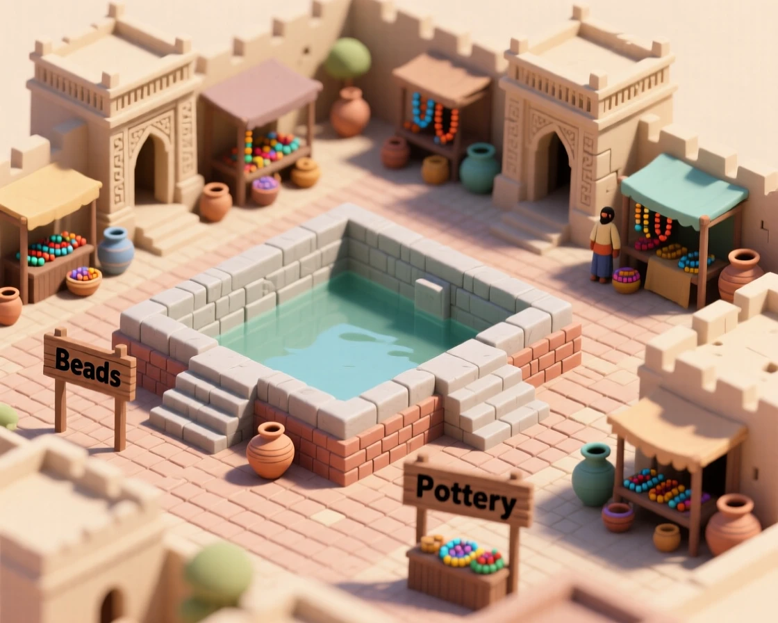 An ancient Harappan city with organized brick streets, a great public bath, and merchants trading beads and pottery.