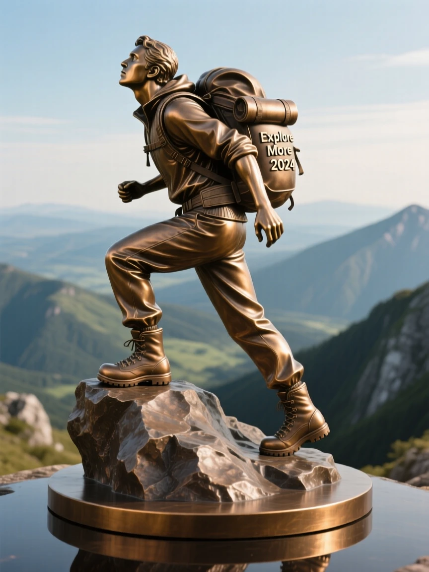 A lone hiker pausing to admire a sweeping valley view, captured at the peak of a powerful movement, forming a strong central focal point