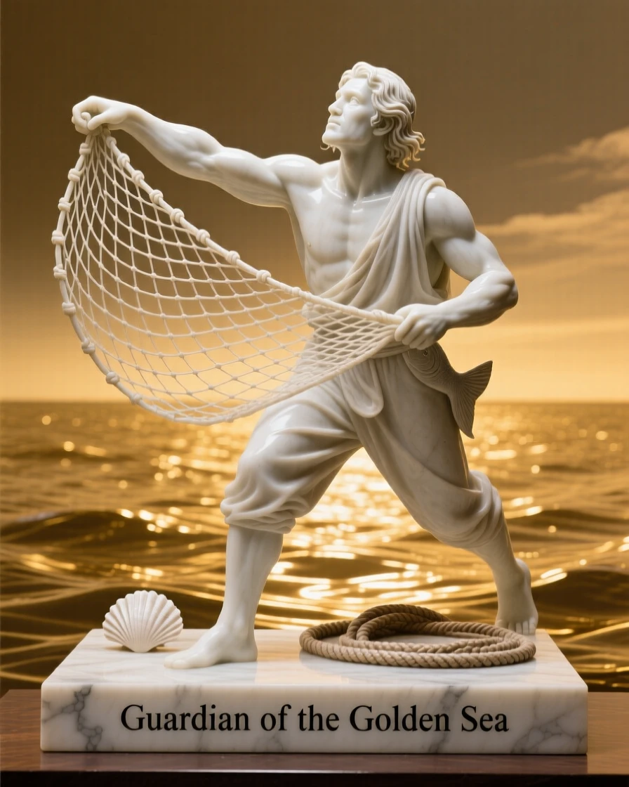 An evocative depiction of a fisherman casting his net into golden waters, surrounded by soft, glowing light, balancing detail with emotional depth
