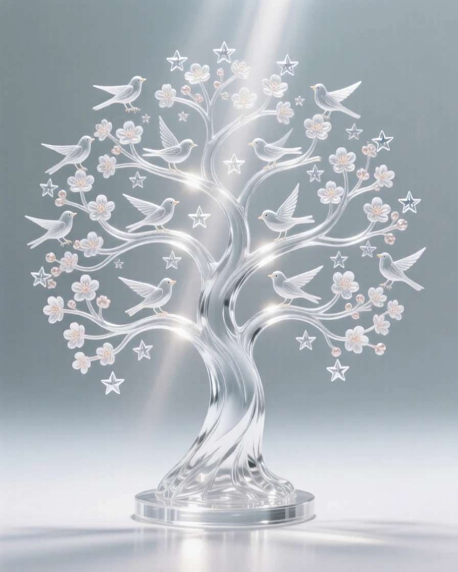 With soft rays of light stretching outward in every direction, a tree of life whose branches hold hundreds of birds, blossoms, and stars, while a quiet stillness surrounds the entire scene