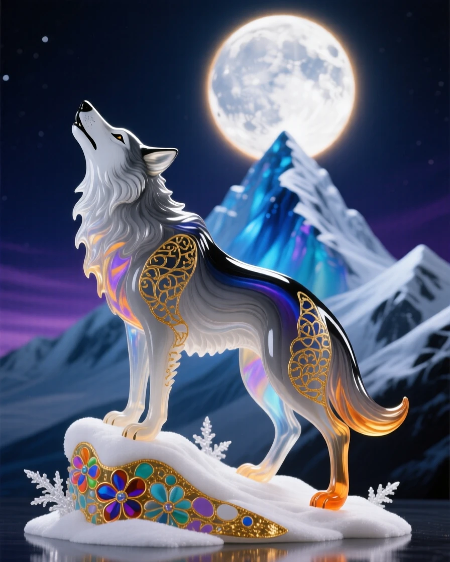 A lone wolf howling beneath the fullest moon atop the highest snow-covered peak, wild and haunting.