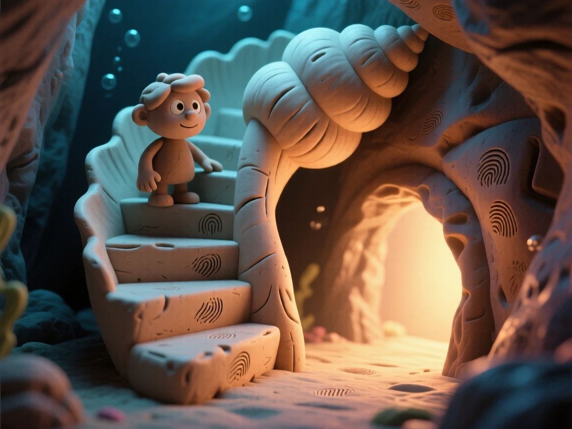 A spiral shell staircase leading down into a glowing underwater cave