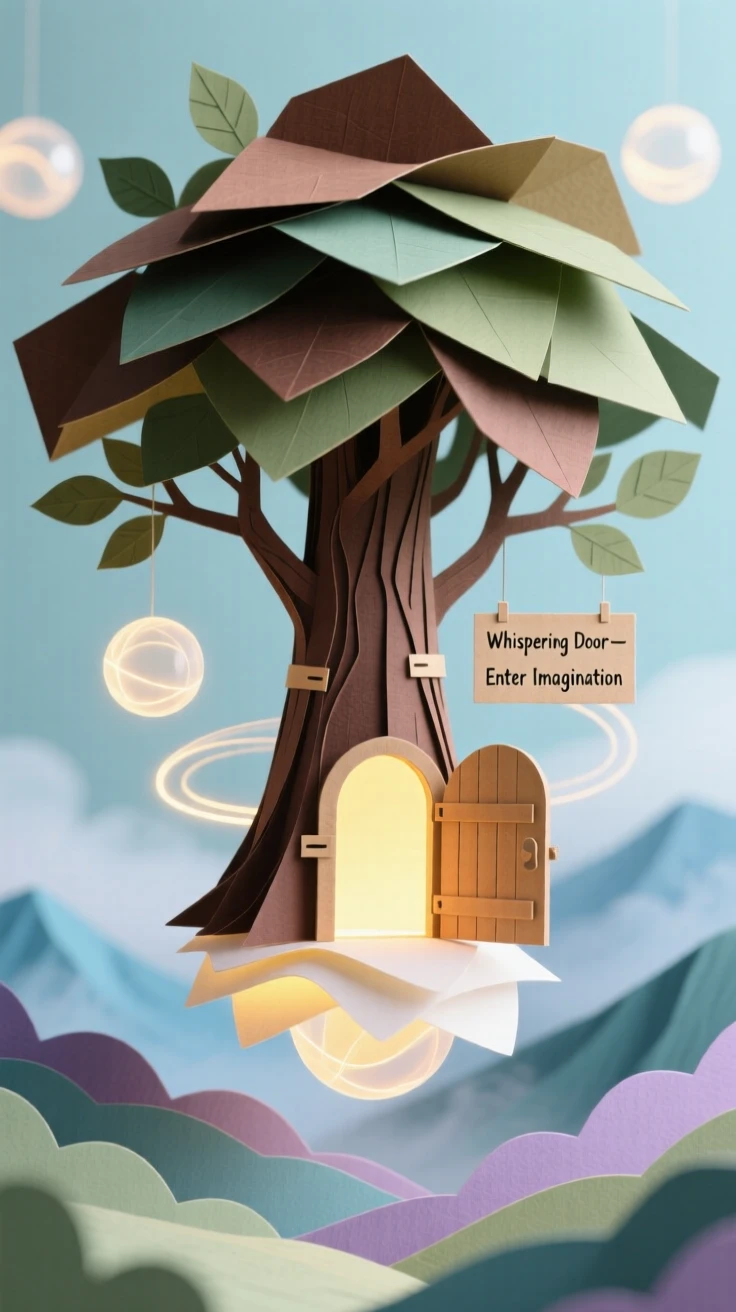 A hidden door glowing at the base of a tree floating gently above a quiet valley, with a dreamlike glow surrounding the scene, evoking a sense of boundless imagination.