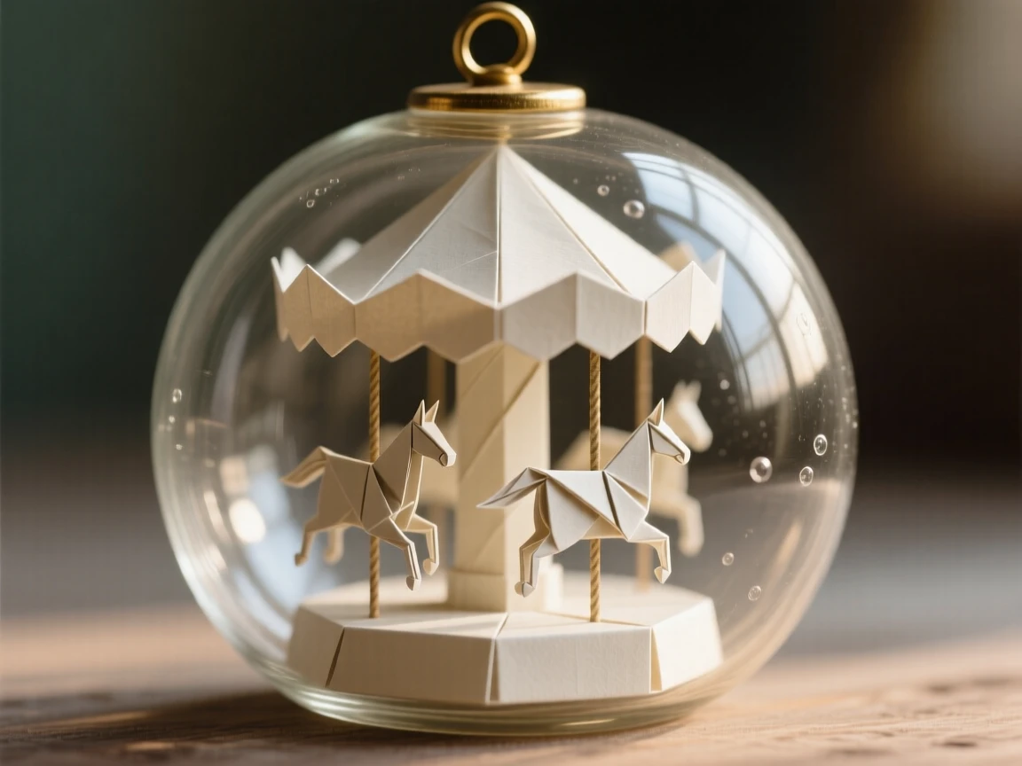 A miniature carousel spinning gently inside an antique glass ornament.
