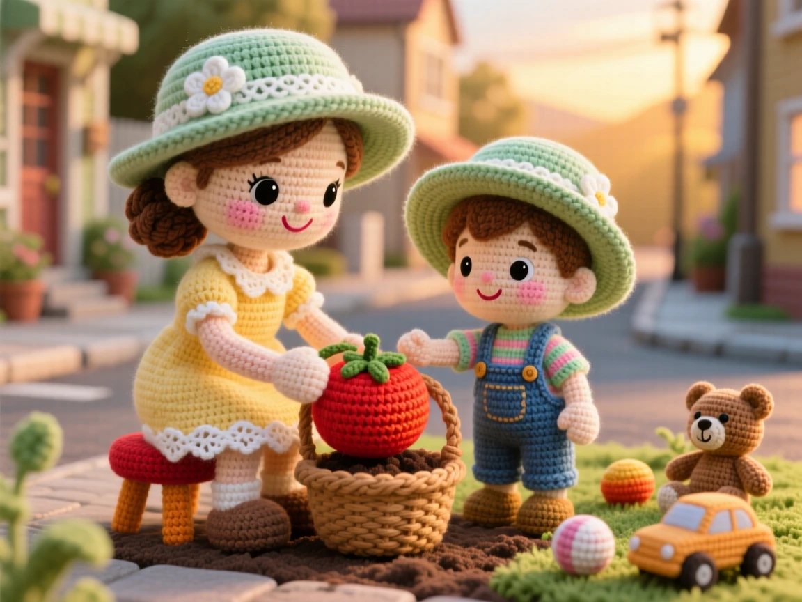 a mother and son gardening together in matching hats, both smiling in the afternoon sun, is captured harvesting the first ripe tomato in a quiet neighborhood street at golden hour beside a scattering of toys tidied nearby, showing warm nostalgia and gentle family tradition.