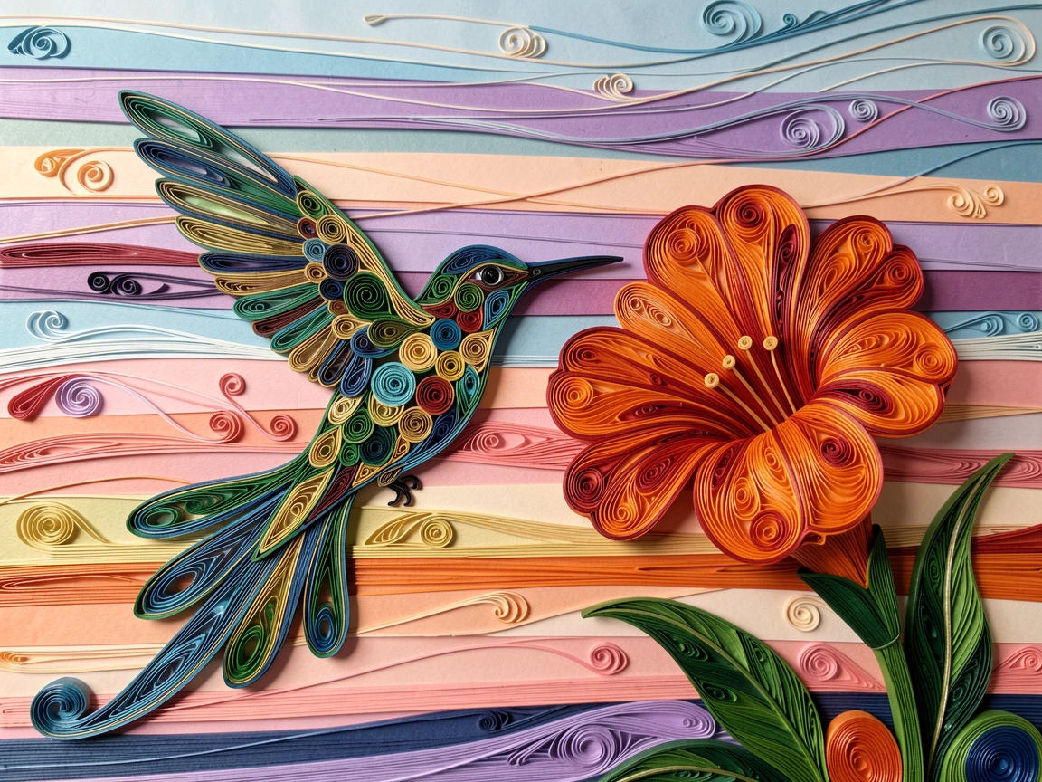 A striking wildlife scene of a hummingbird hovering beside a trumpet flower beneath a wide open sky at dawn, beneath a sky streaked with vivid color, shot from a low, powerful ground-level angle.