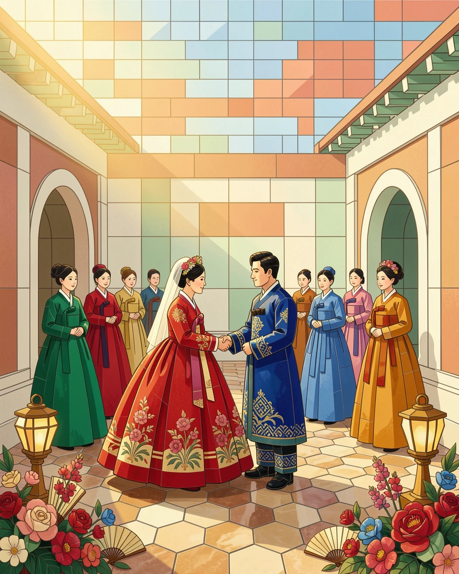 A vibrant, festive scene of a traditional Korean hanbok wedding ceremony in a palace courtyard, rich in color and cultural detail.