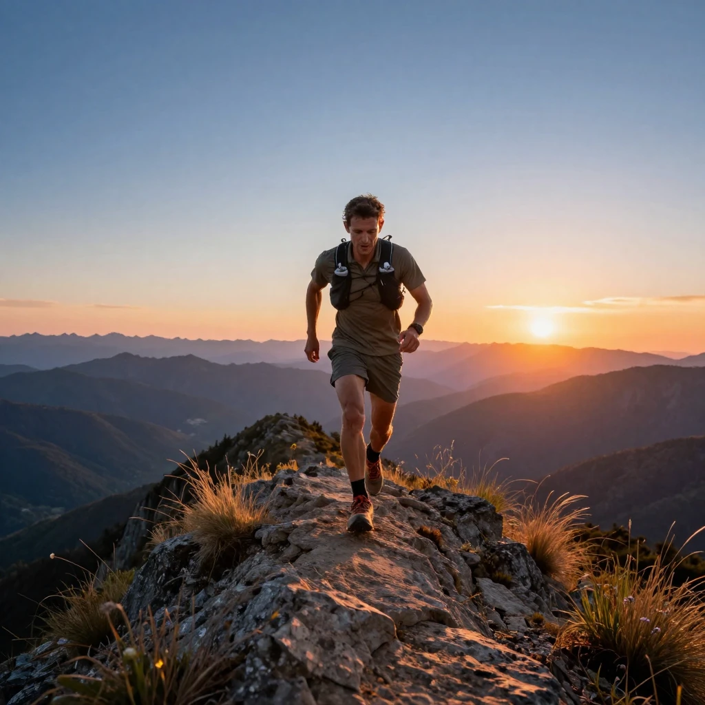 A trail runner cresting a ridge at sunrise