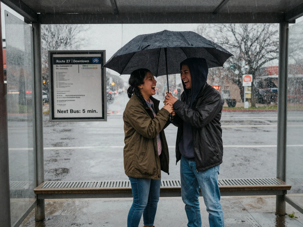 Two strangers share an umbrella at a bus stop during a sudden downpour, both laughing at the coincidence.