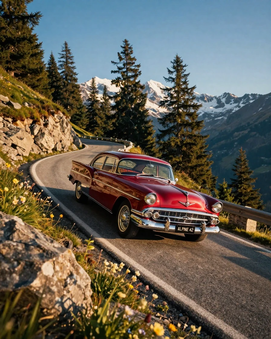 A gleaming vintage automobile climbing a steep alpine road in the golden light of late afternoon