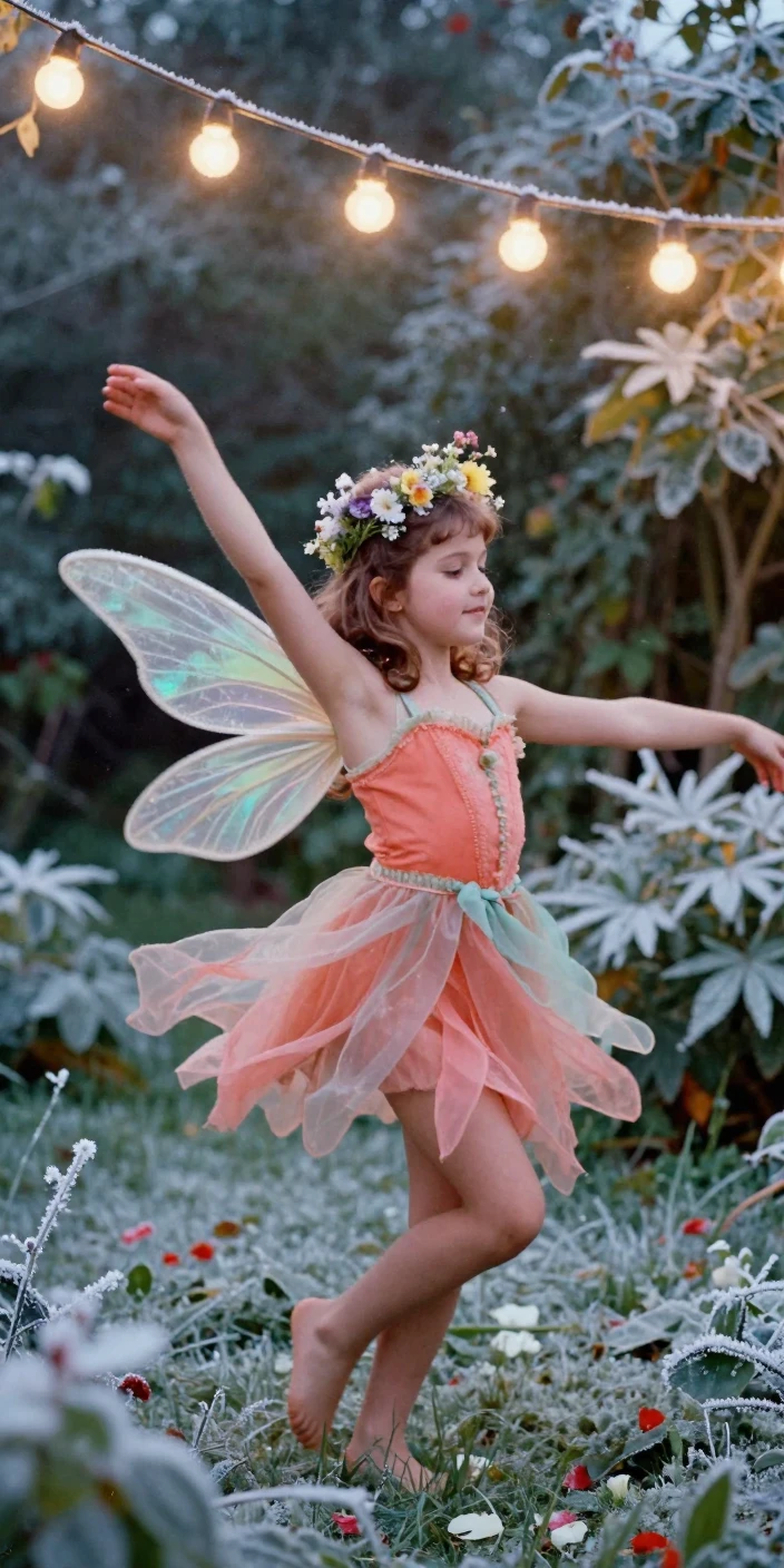 A girl dressed as a fairy dancing through a garden, under strings of warm string lights, with frost coating every surface, during the long days of summer, in vivid coral and turquoise hues, in a tight close-up.