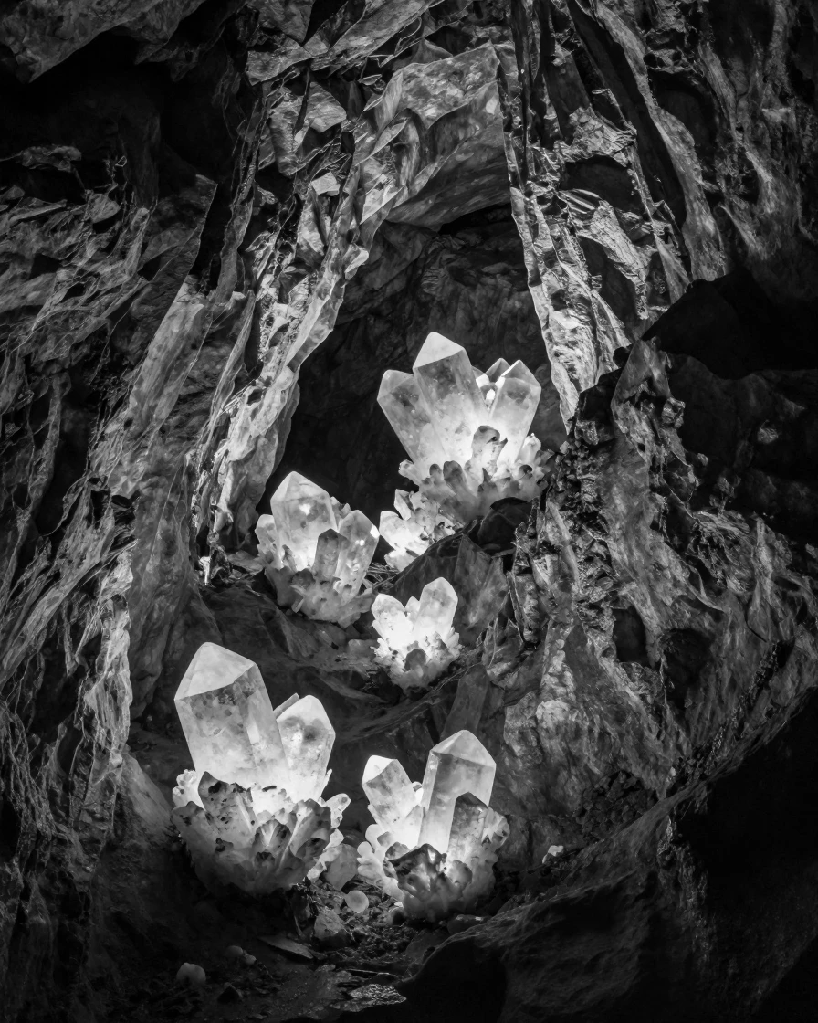 A hidden cave reveals glowing crystal formations deep beneath a mountain range.