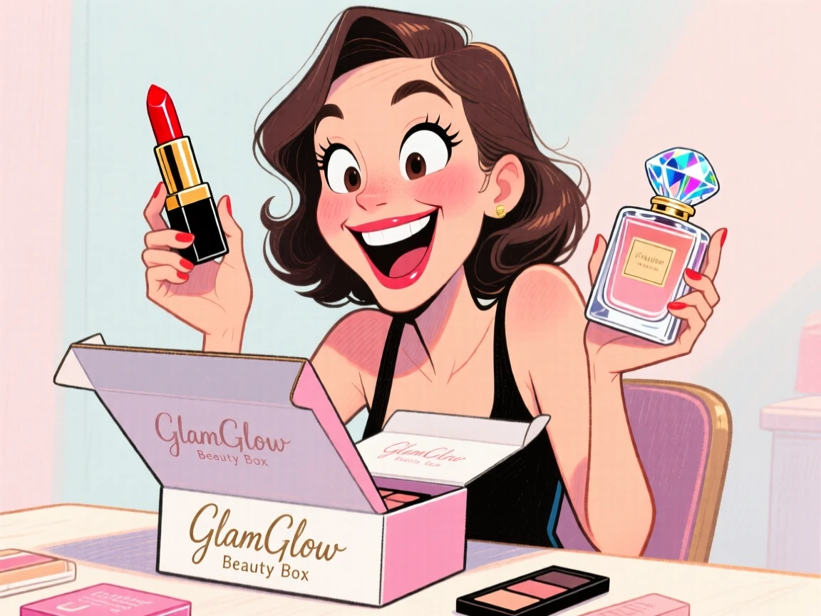 A woman unboxing a beauty subscription box, holding up each item with delight.