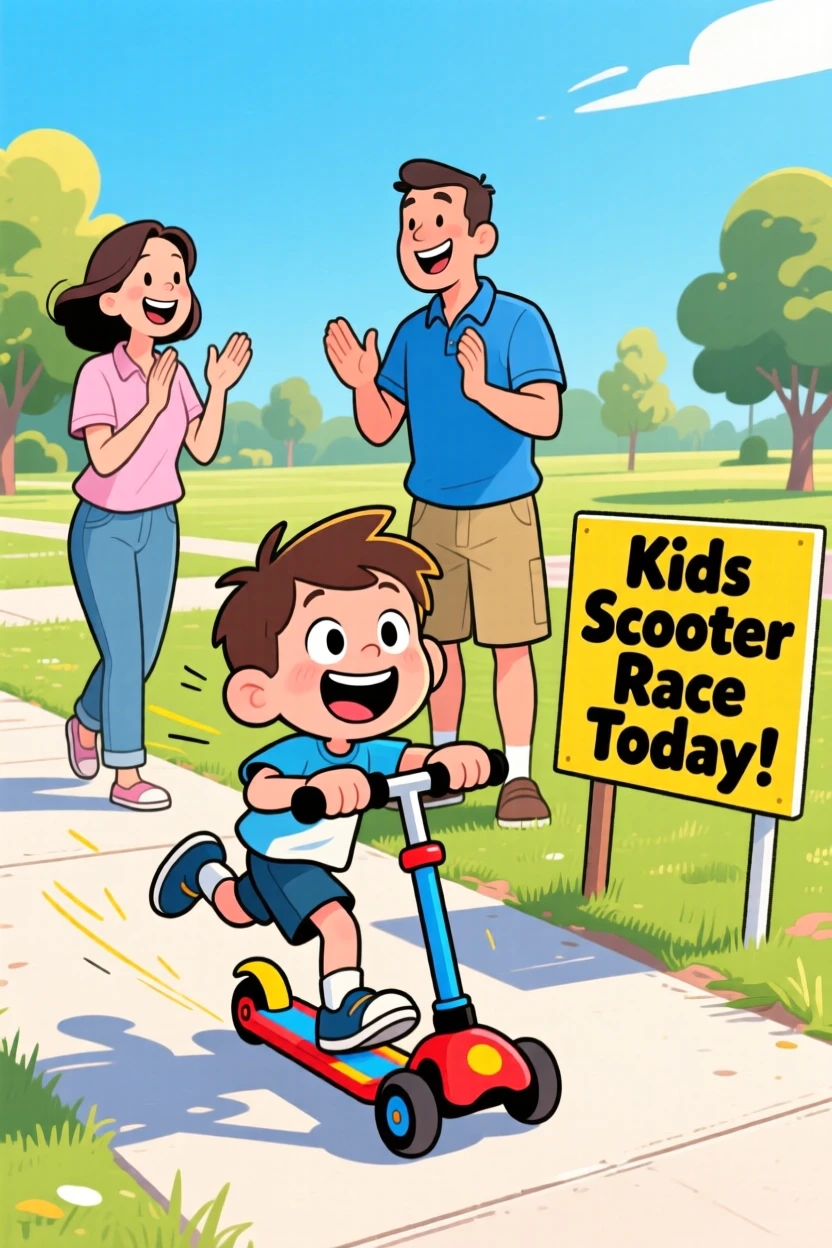 A playful childhood moment of a little boy racing scooters down a sunny sidewalk, as parents cheer proudly nearby.