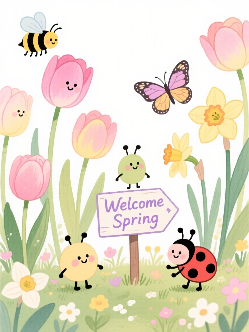 A charming seasonal scene of a spring garden bursting with blooming tulips and daffodils
