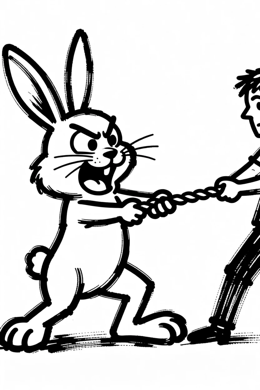 A bunny rabbit playing tug of war with a rope toy, back paws braced and determined.