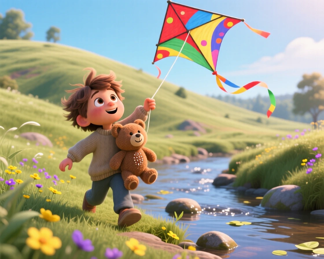 A child flying a colorful kite on a windy hill takes place beside a babbling creek lined with smooth stones, with a stuffed animal tucked under one arm. The mood is playful, curious, and full of imagination.