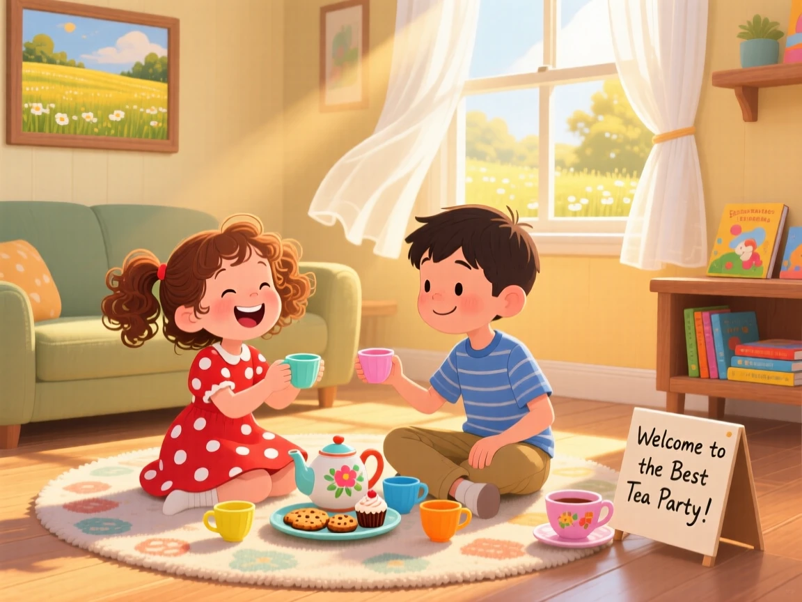 A girl in a polka-dot dress laughs while having a tea party on the living room floor together with her older brother, as golden afternoon light streams through the window.