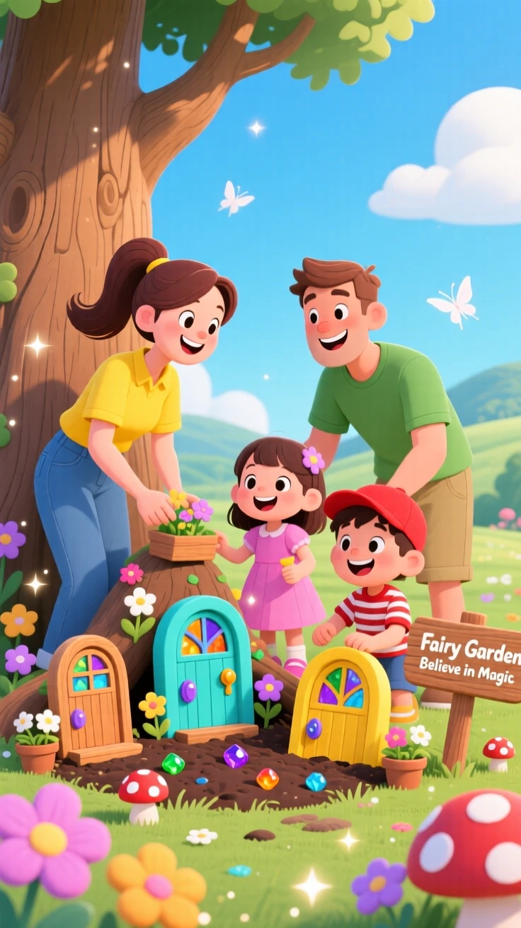 A family building a fairy garden with tiny doors at the base of a tree.