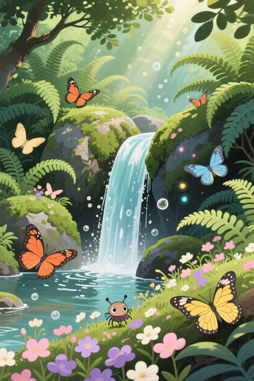 A fern-filled ravine with a small waterfall, butterflies drifting between blossoms, creating a scene of quiet natural magic.