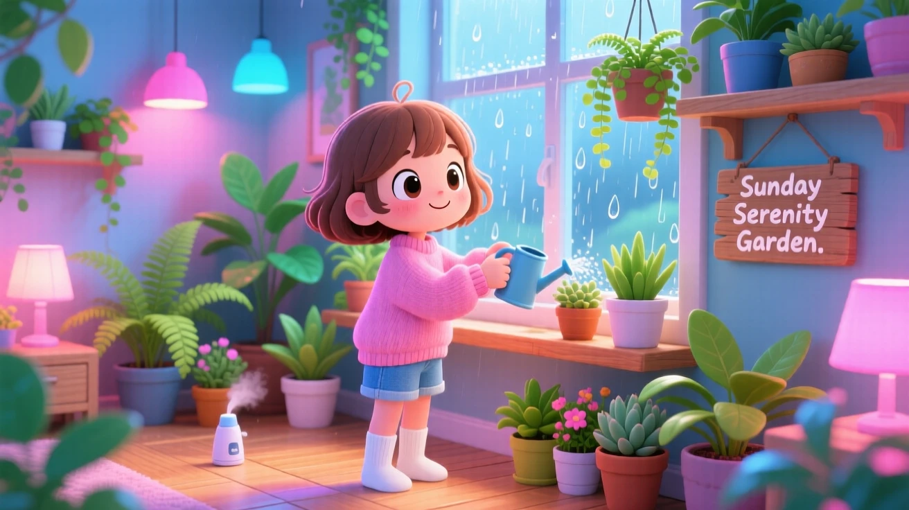 In a bright plant-filled apartment, a young girl is watering houseplants on a Sunday morning during a gentle spring rain shower, bathed in neon-lit glow, expression full of peaceful calm. Shot as a dynamic diagonal composition.