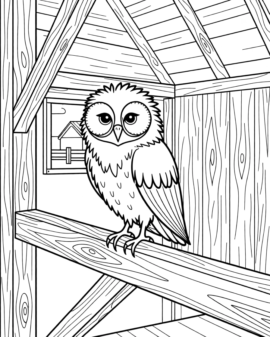 A barn owl perched on a rafter inside an old wooden barn