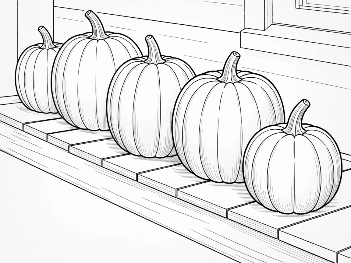 A row of pumpkins lined up on a porch step