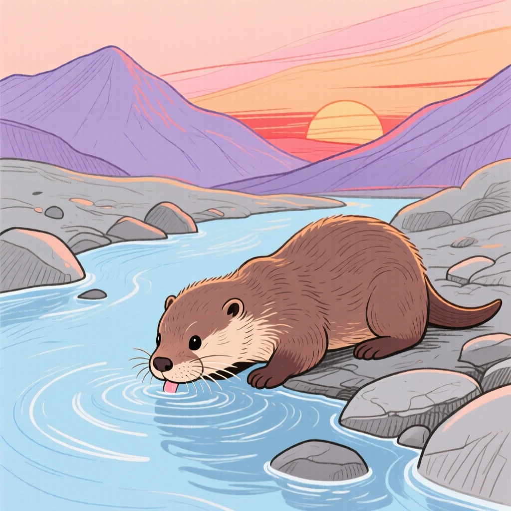 A baby otter drinking from a stream beside a mountain stream at sunset.