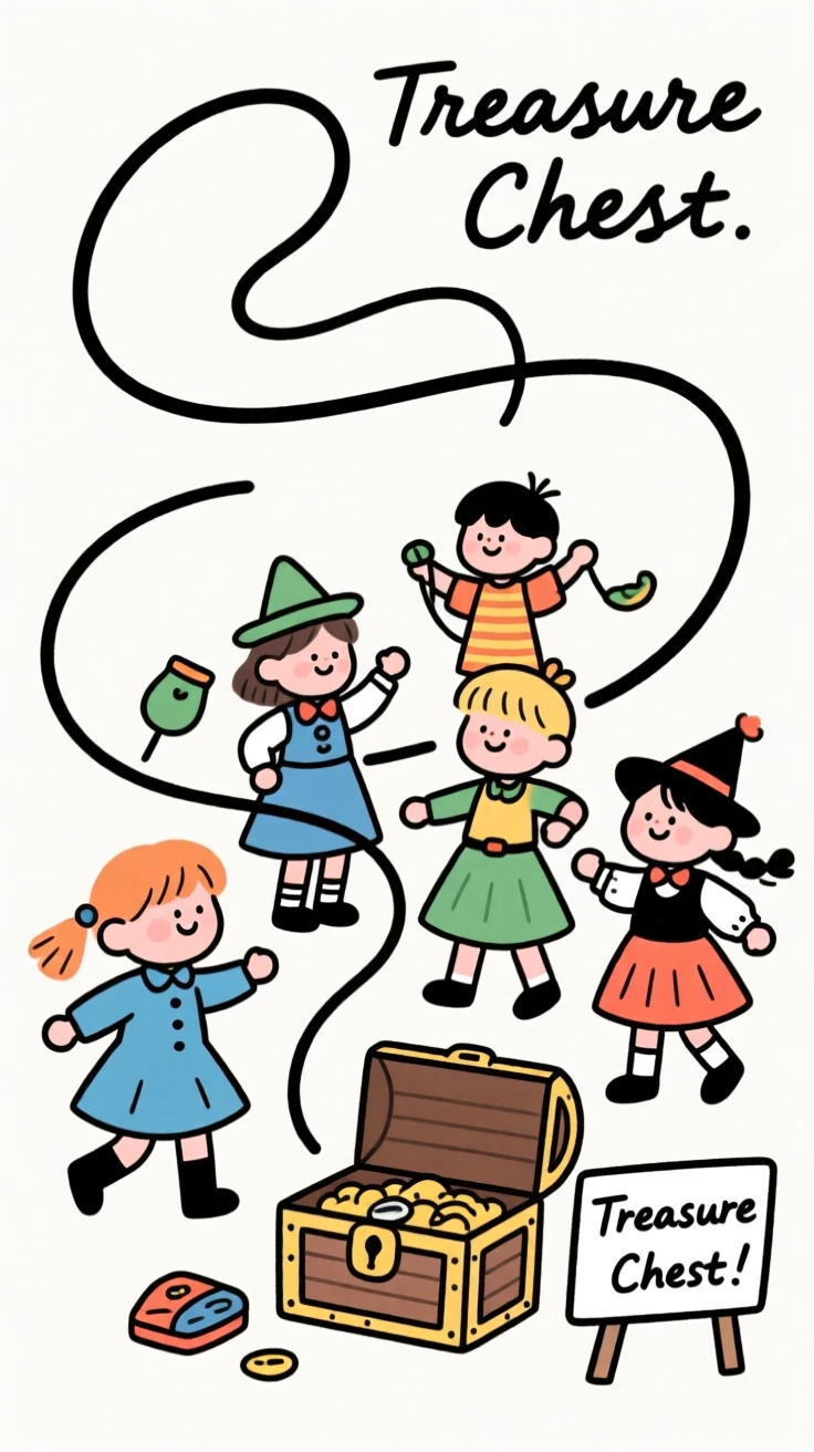A group of kids playing dress-up with costumes and a treasure chest.