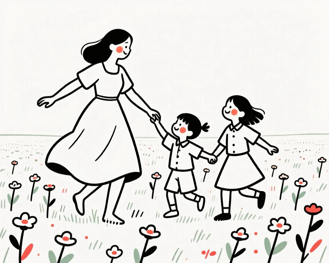A mother and her children dancing at a quinceanera, in a field of wildflowers.