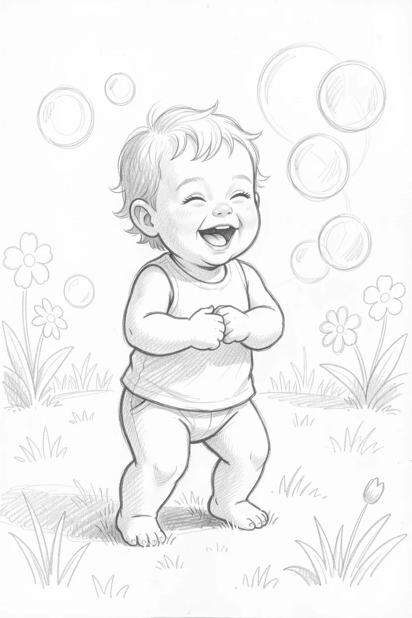 An irresistibly cute scene of a toddler giggling while chasing bubbles in a sunlit garden, with tiny paws tucked in close.
