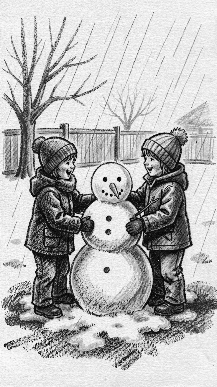 Children building a snowman in a fresh snowy yard, as gentle rain patters down around them.