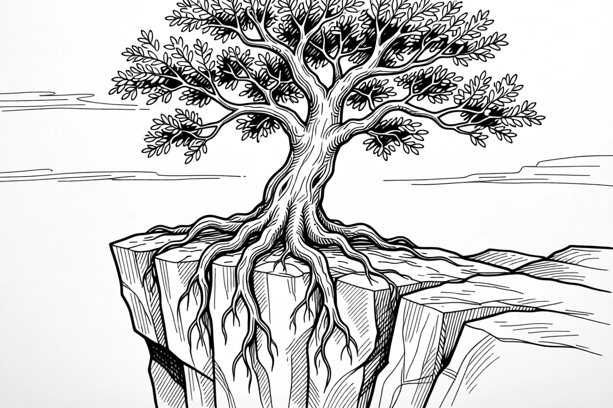 A single tree growing atop a rocky cliff, roots gripping firmly to stone.