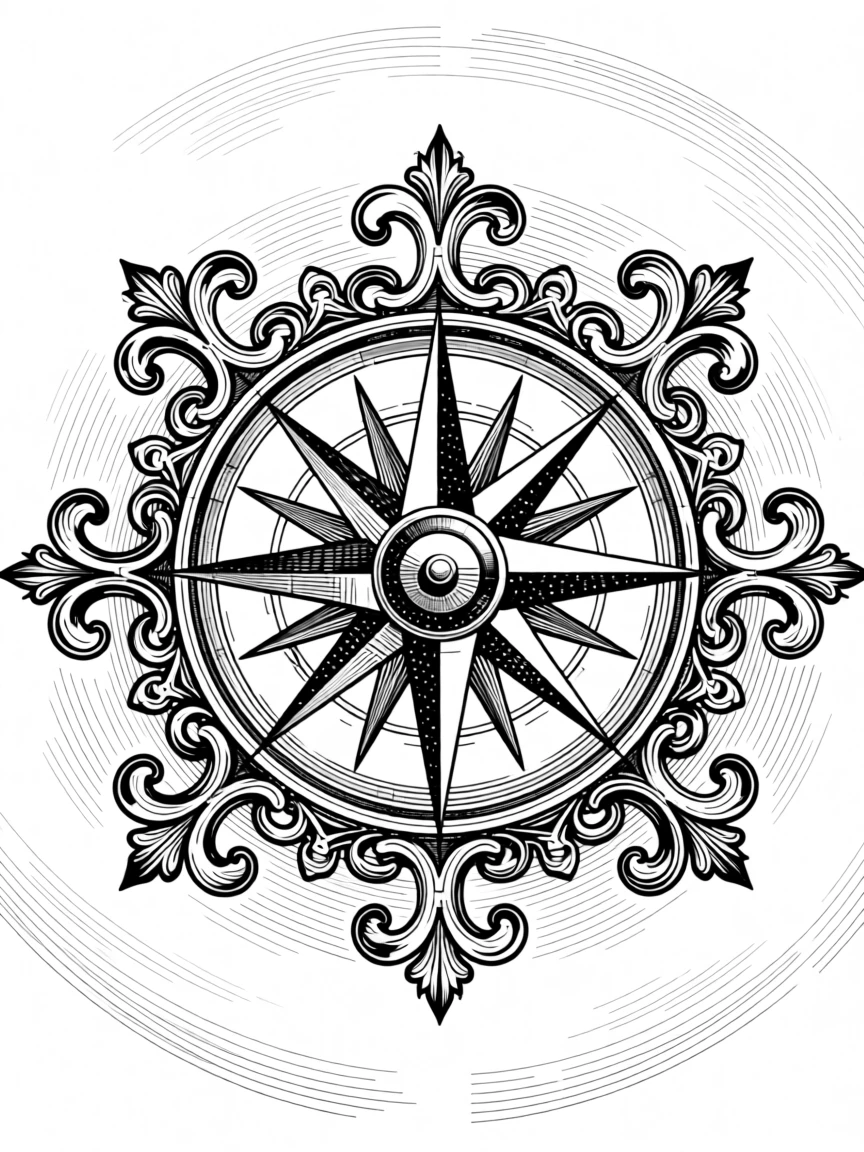 A decorative compass rose surrounded by ornamental flourishes composed as a balanced repeating pattern, with fine linework tracing every curve and edge, forming a gracefully composed decorative composition.