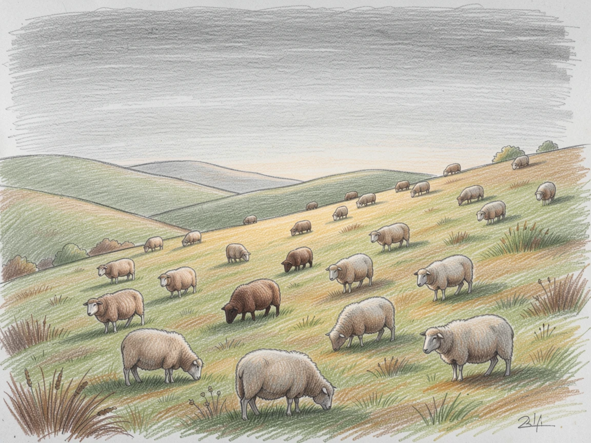 A pastoral hillside dotted with grazing sheep beneath a soft grey sky, bathed in the warm glow of golden-hour light, full of charm, emotion, and visual delight.