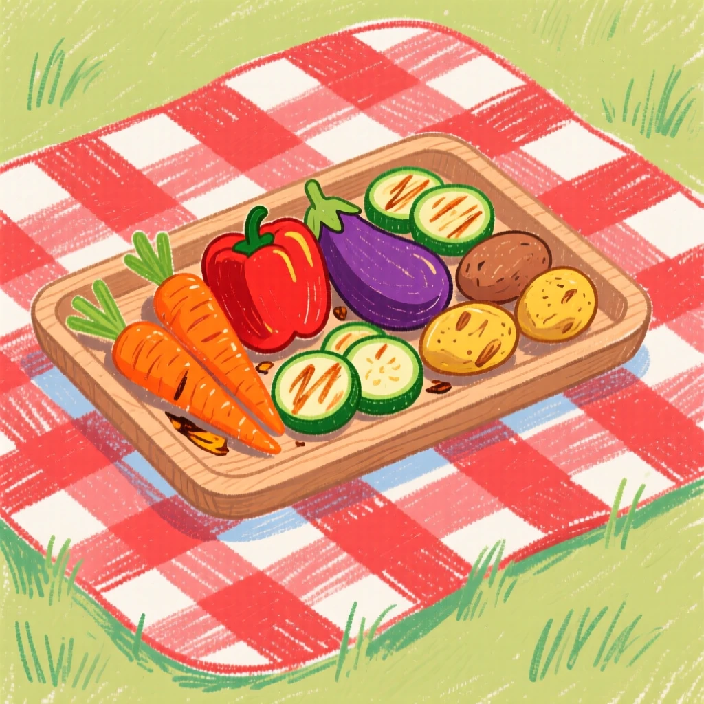 A tray of roasted vegetables resting on a checkered picnic blanket.