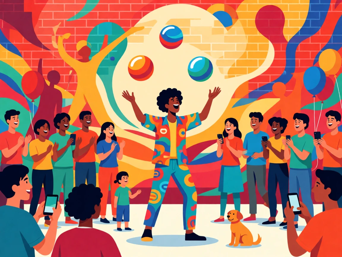 A colorful street performer juggling for an appreciative crowd, set against a colorful mural-covered wall, arranged with a fresh, contemporary sense of composition, with a sense of community and connection in every detail.