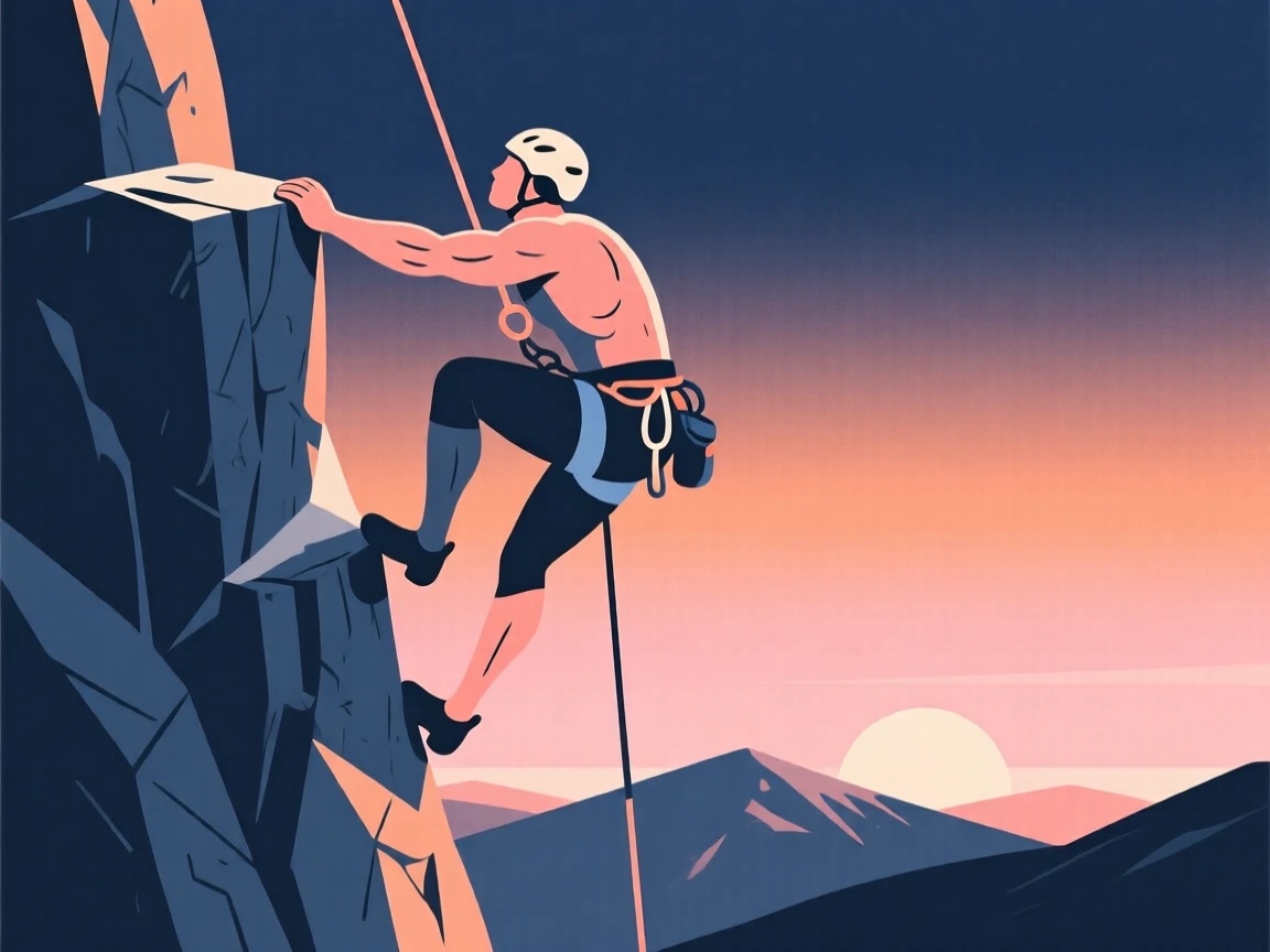 A climber reaching the final ledge just before sunrise breaks.