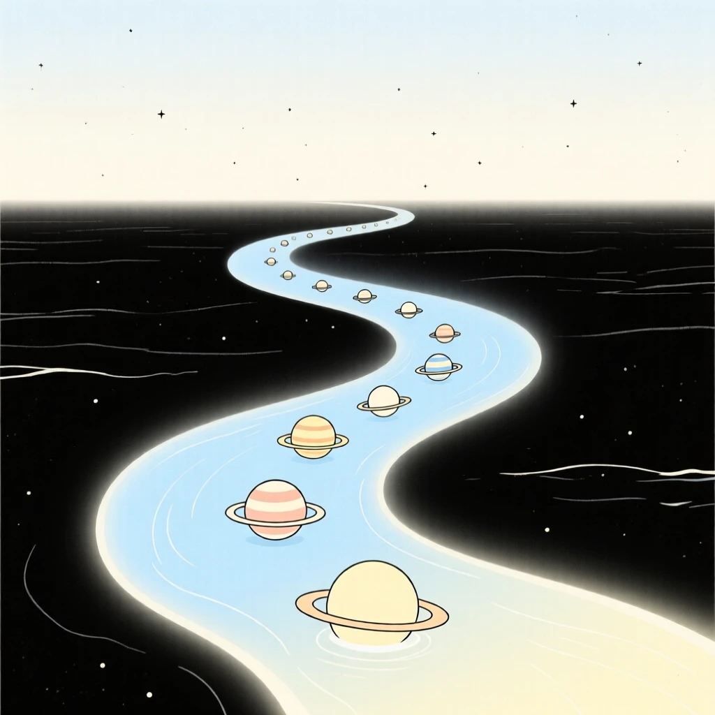 A dreamlike river flowing upward into the sky rising from an ocean of soft light, filled with miniature planets, evoking whimsical fantasy.