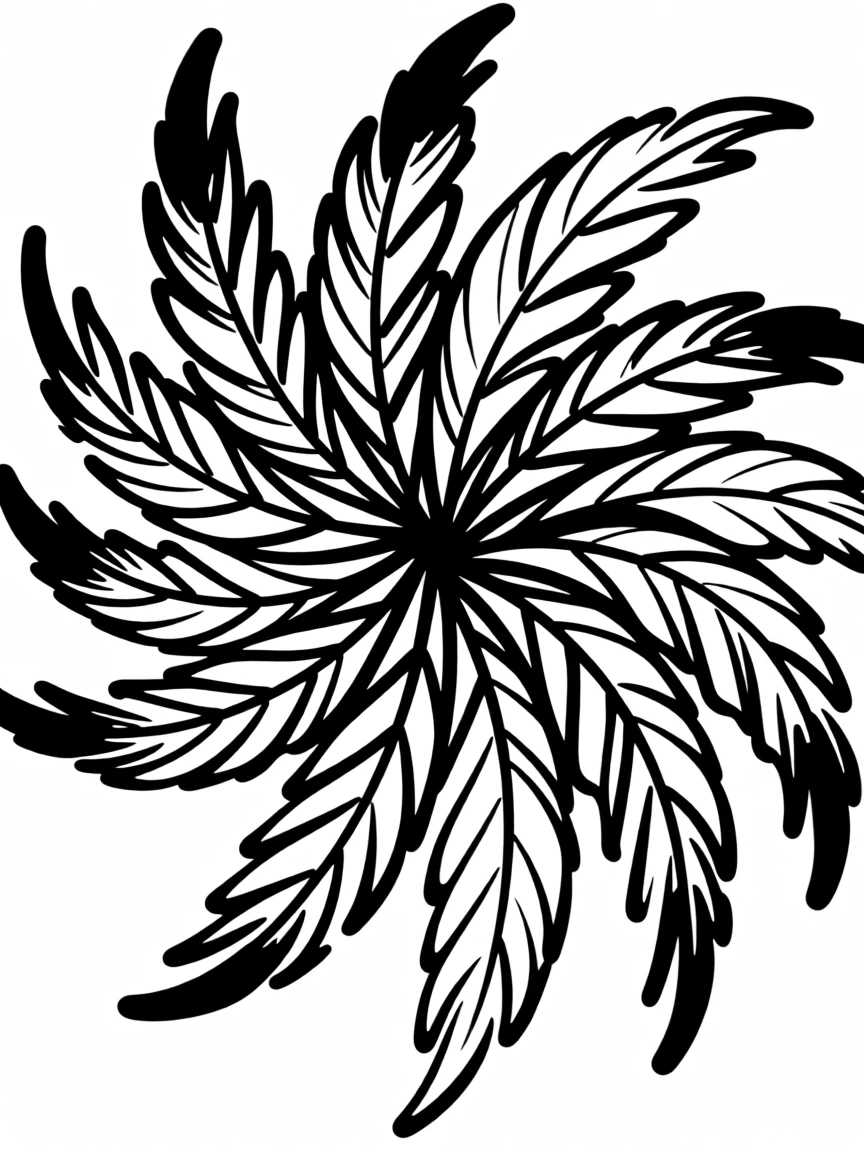 A geometric arrangement of feathers in gradient colors fanned out in a circle.