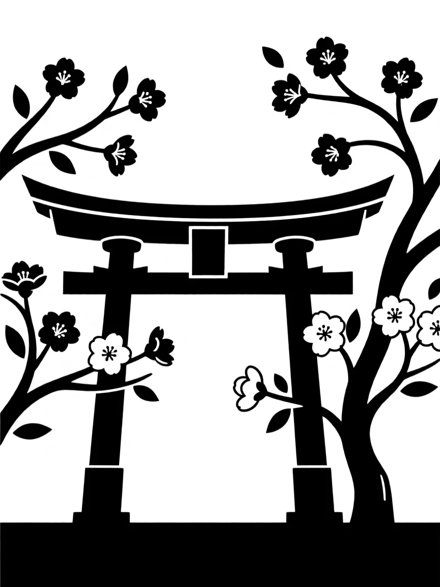 A temple gate framed by cherry blossoms.