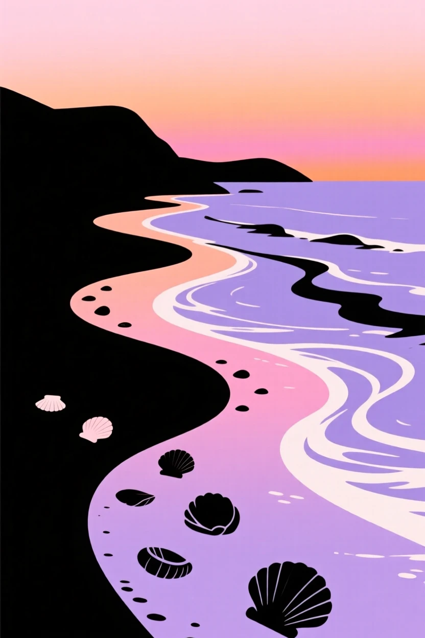 A quiet stretch of coastline where waves gently wash over scattered shells.