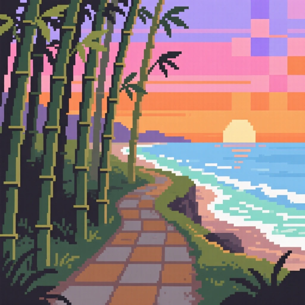 A bamboo forest path reflecting the colors of a setting sun, along a coastline where waves gently break.