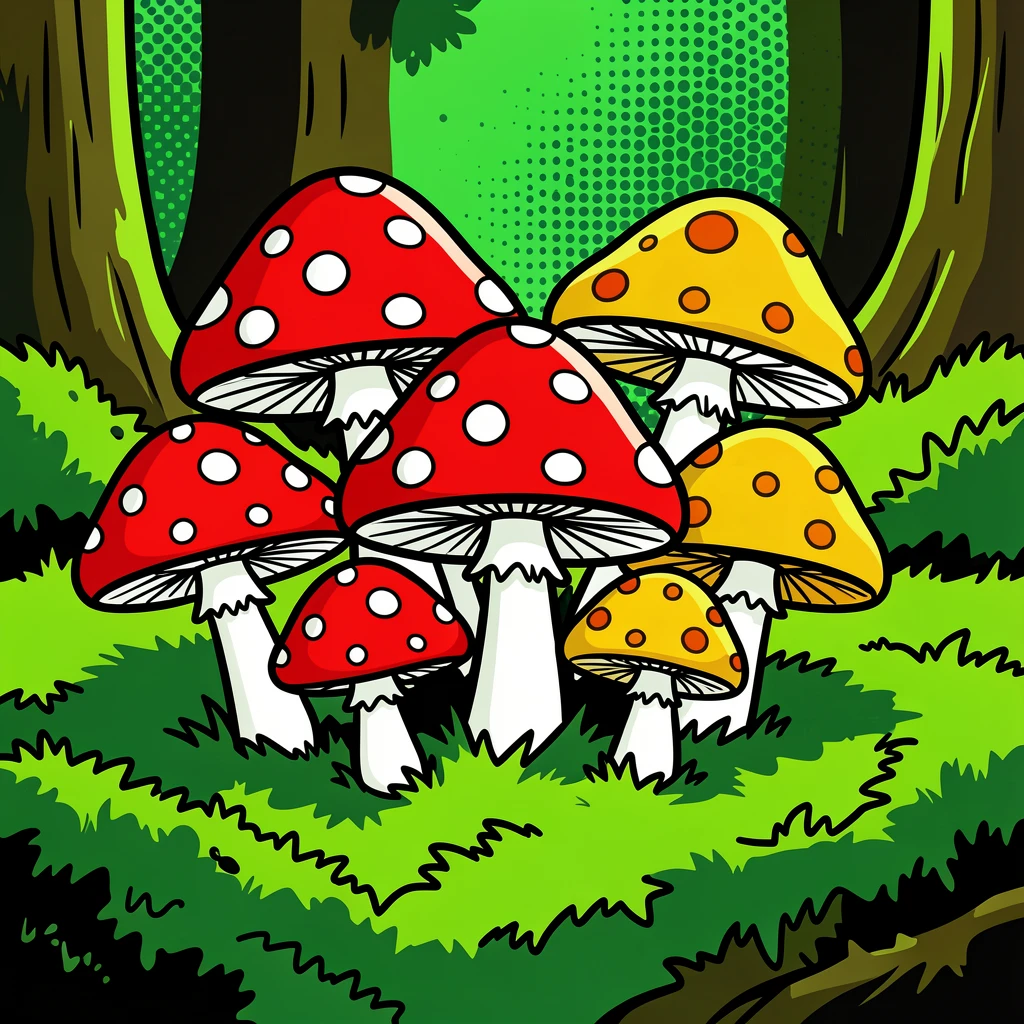 A moss-covered forest floor dotted with mushrooms